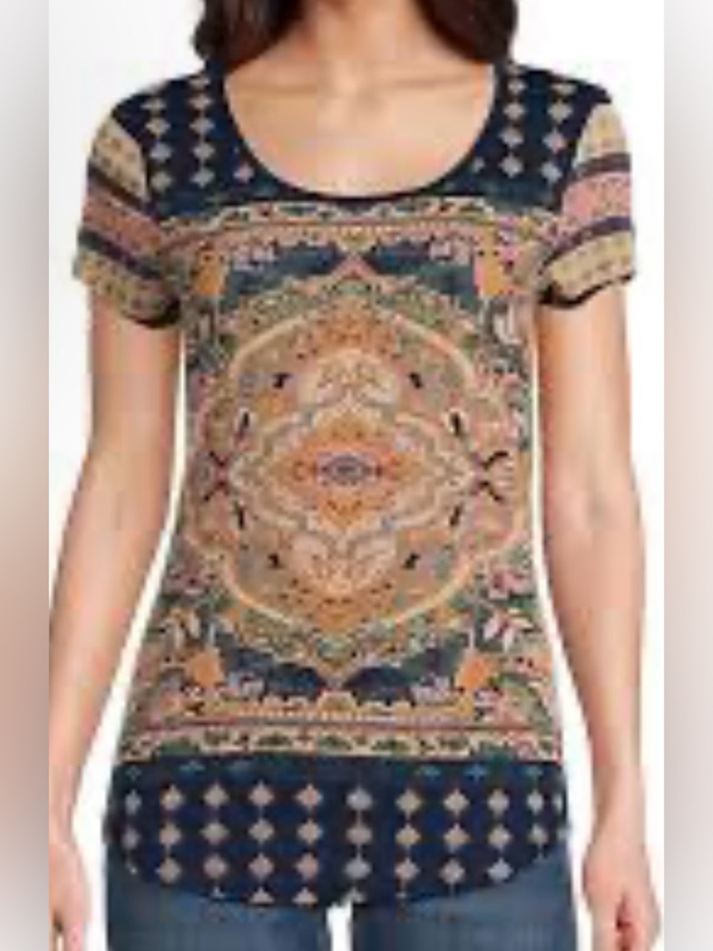 Lucky Brand Persian Carpet Graphic Scoop Neck Navy Multicolor Short Sleeve Sz XL